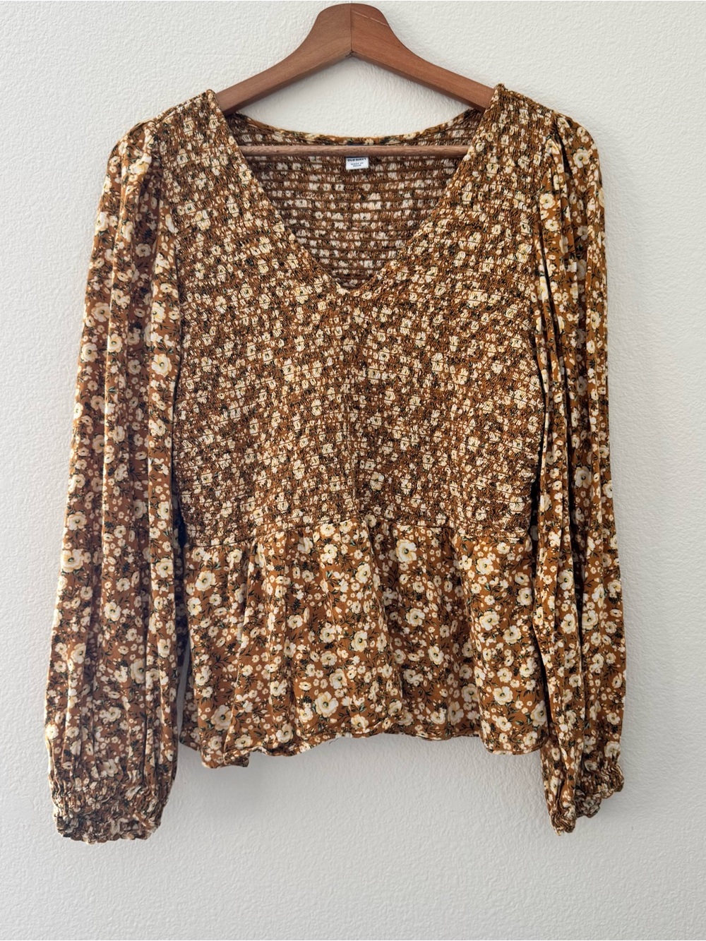 Mustard Floral Print Peplum Long Sleeve Top Size L